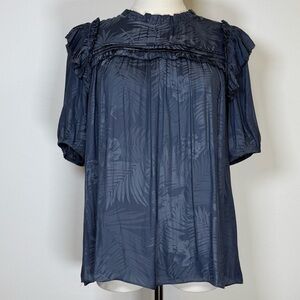 Current Air Pleated Short Sleeve Palm Print Ruffle Top Blouse Womens Size Small